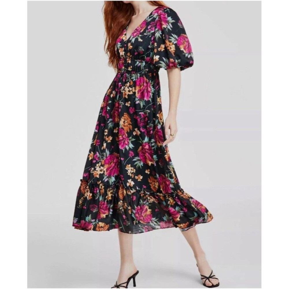 Kensie  Black Floral-Print Elastic-Waist Puff-Sleeve Tiered Dress SZ 14 NWT